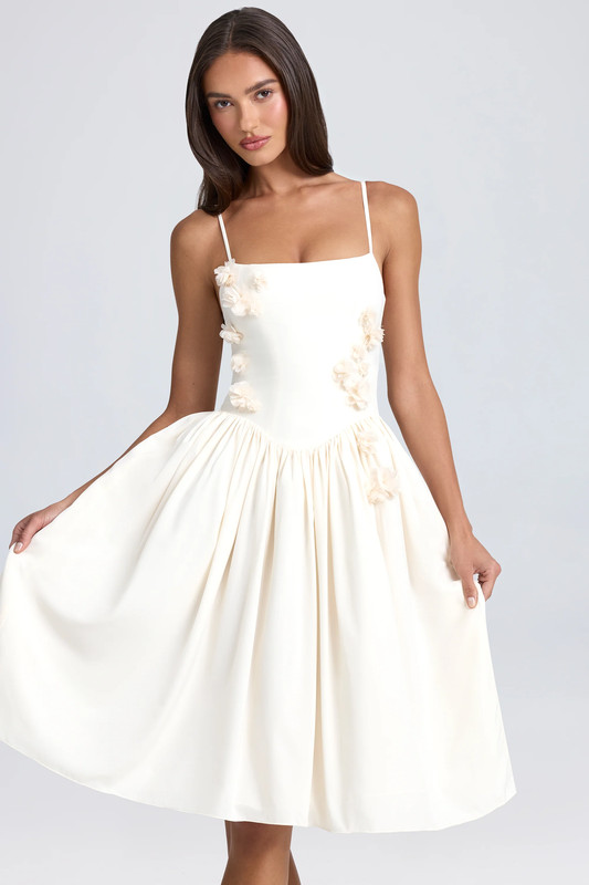 Floral-Appliqué Midi Dress in Ivory - UK Size:10